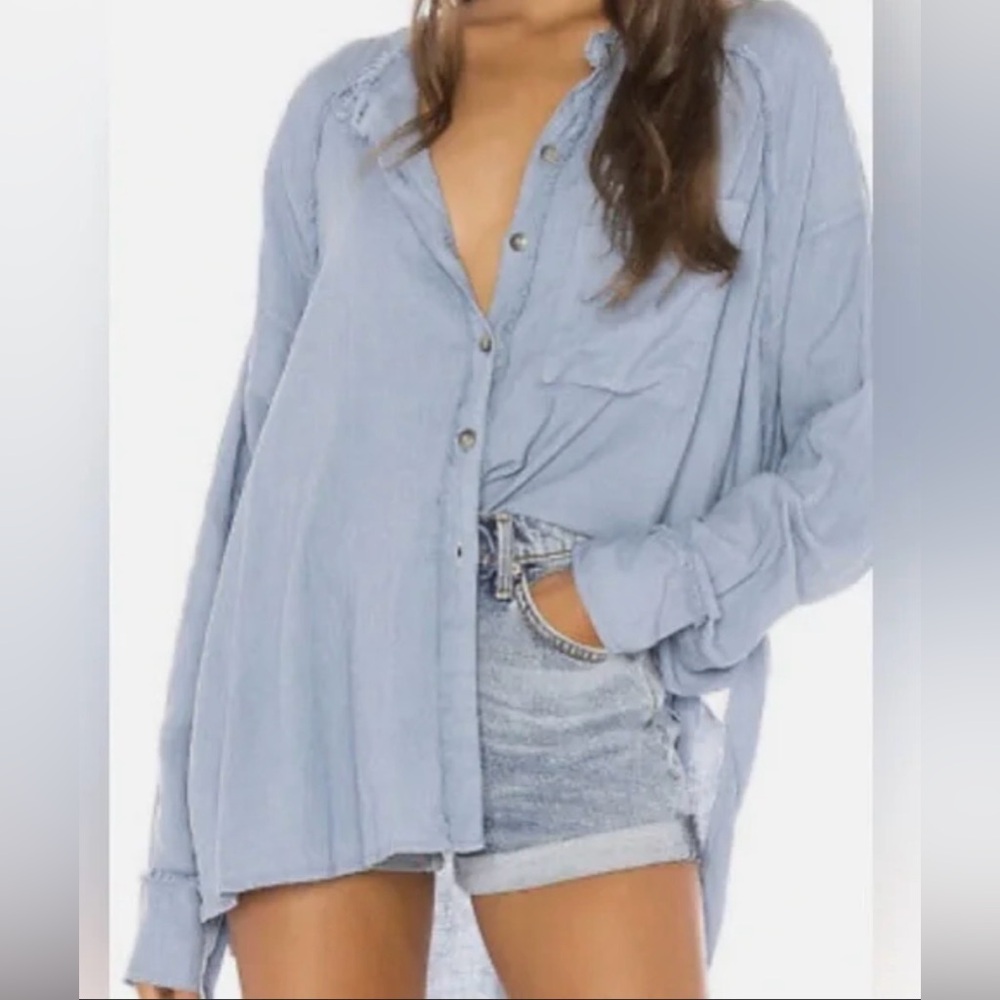 We The Free Keep it Simple Oversized Button-Front Fringe Shirt